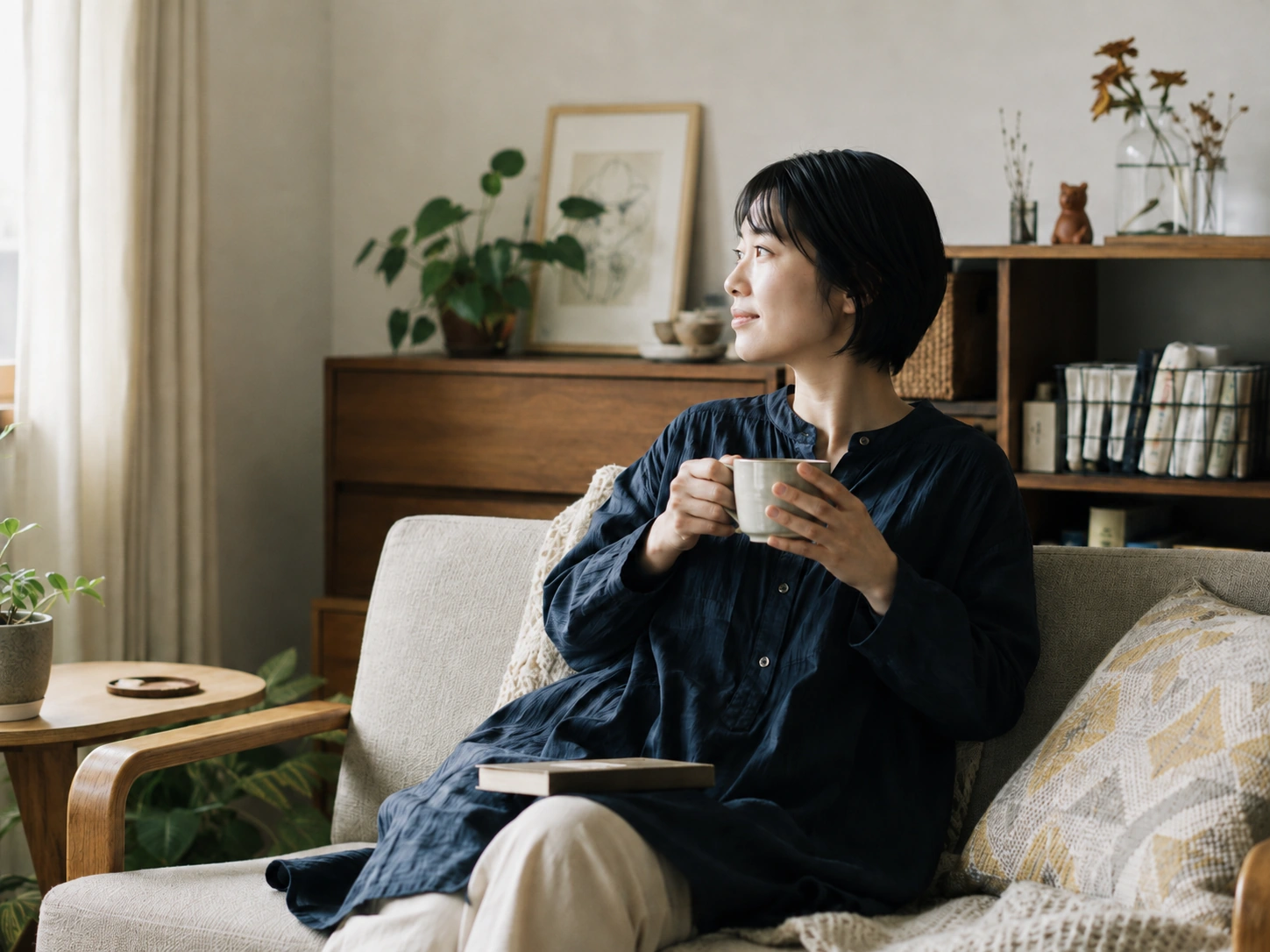 自然光の入る部屋で、ひとり静かな時間を過ごす日常の風景